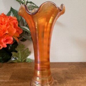 Imperial Glass Ripple Swung Vase Marigold Carnival Glass Vintage Ruffled Iridesc